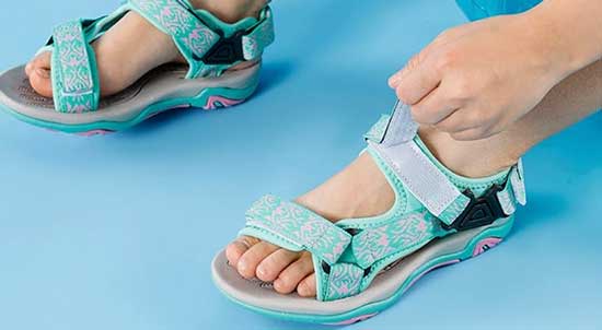 Sandals with triple Velcro straps for girls who wear AFOs or SMOs.