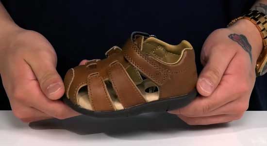 Stride Rite brown sandal for toddler boys with wide feet learning how to walk.