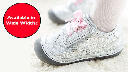 Sparkly silver first walking shoes for girls with wide feet.