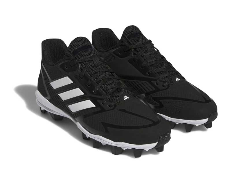Black and white Adidas baseball cleat for kids in men's shoe sizes.