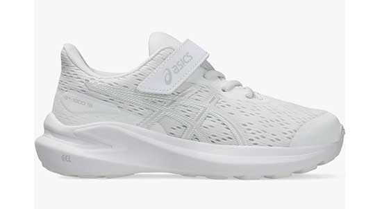 White Asics back to school shoes for kids with narrow feet.