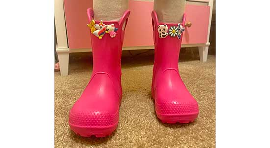 Pink rain boots for kids with wide feet.