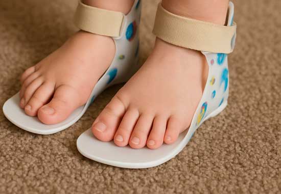 Image of a child standing on AFOs barefoot.