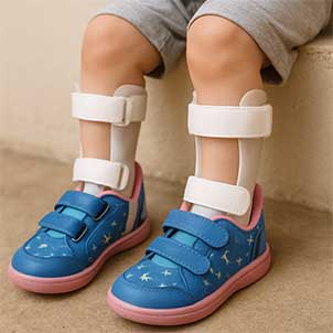 Image of a child wearing Velcro shoes with AFOs.