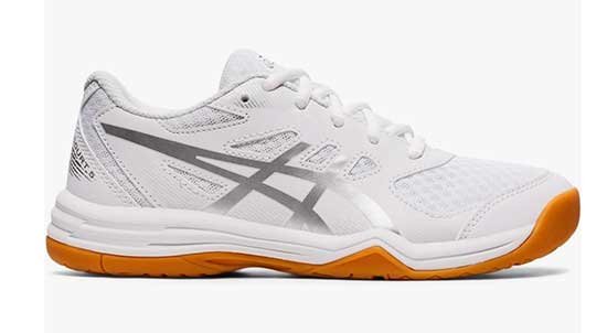White Adidas volleyball shoes for kids.