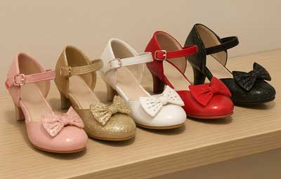 A list of colorful high heel shoes for kids.