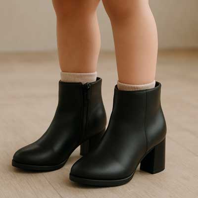Black high heel block boots for kids.