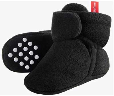 Black newborn booties for babies.