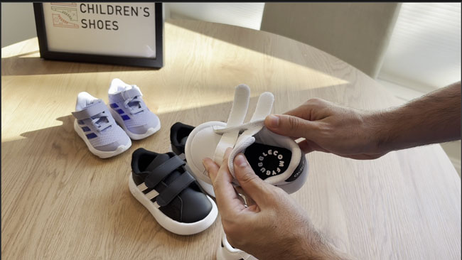 Adidas toddler shoes with oversized openings for easy on and off.