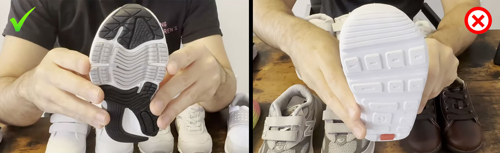Kids' shoes with straight lasts vs shoes with curved lasts.