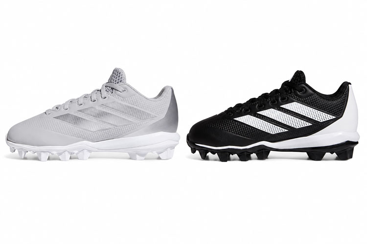Black and white Adidas kids baseball cleats displayed side by side on a white background.