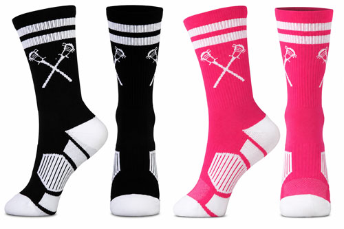 Kids lacrosse crew socks in black/white and pink/white displayed side by side, showing the front and back views of each pair.