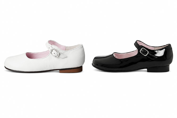 Stylish white leather and black patent Mary Jane dress shoes for kids with rounded toes and adjustable buckle straps.