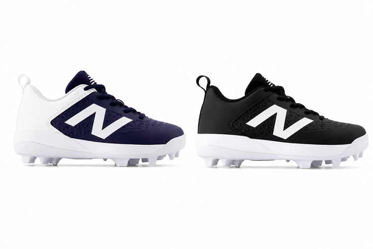 Kids New Balance baseball cleats in navy/white and black/white displayed side by side on a white background.