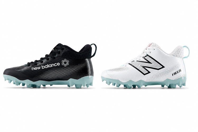 Black and white New Balance Freeze kids lacrosse cleats displayed side by side on a white background for color comparison.