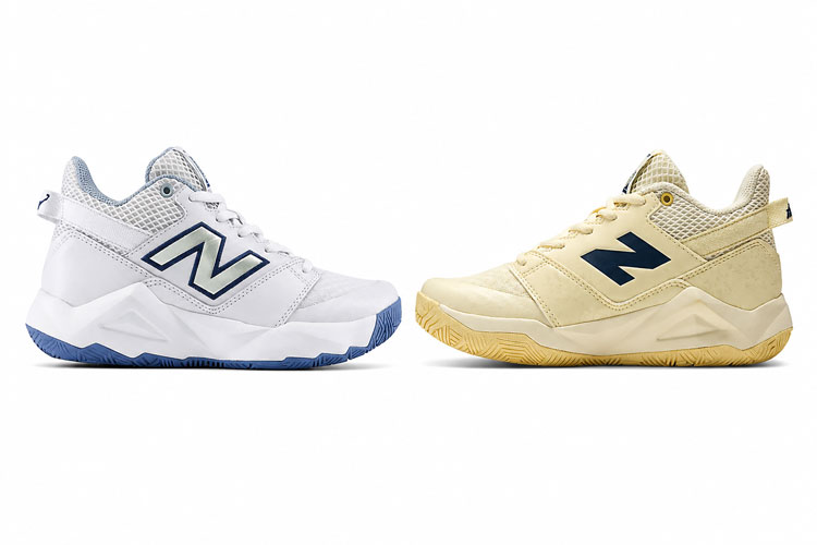 New Balance kids' mid-top tennis court shoes available in wide widths displayed side by side on a white background.