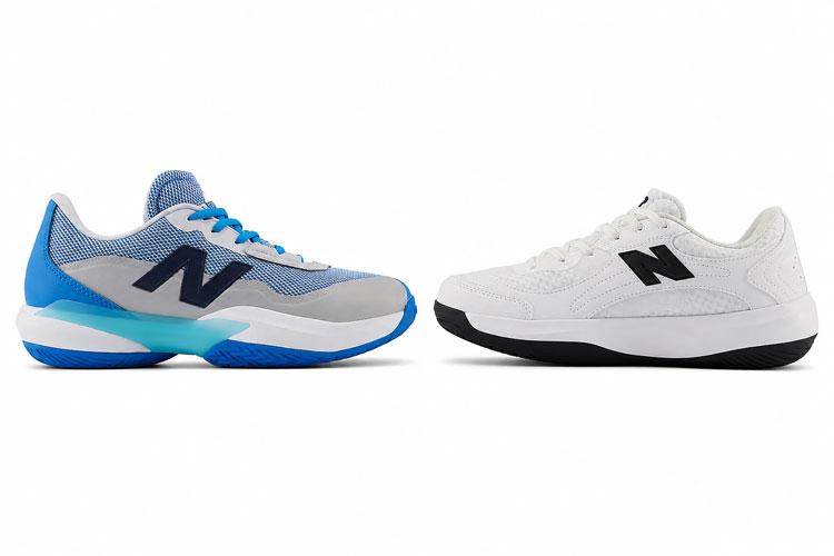 New Balance kids' tennis court shoes available in wide widths displayed side by side on a white background.