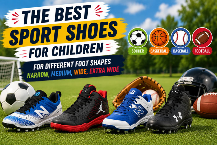 Featured image for the best sport shoes for children showing soccer, basketball, baseball, and football shoes designed to fit narrow, medium, wide, and extra wide feet.