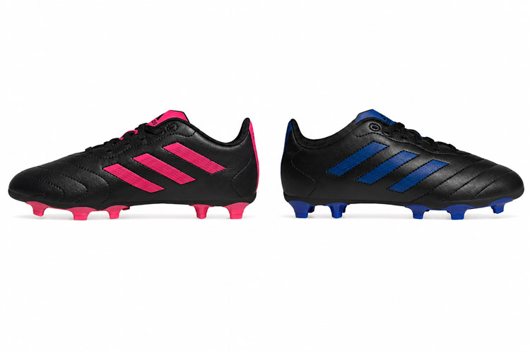 Adidas Goletto kids soccer cleats with accents shown side by side on a white background.