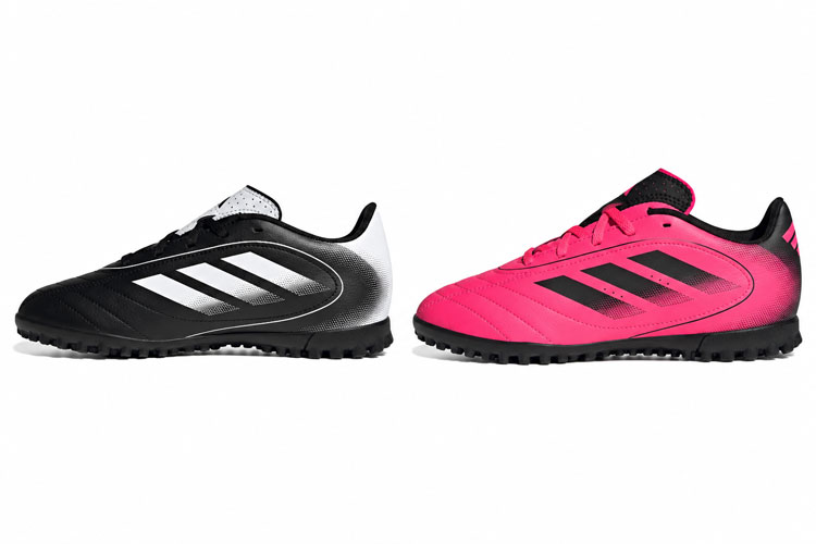 Adidas kids indoor soccer turf shoes available in black and pink color options.