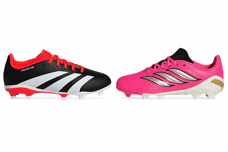 Adidas Predator kids soccer cleats available in black and pink color options on a white background.