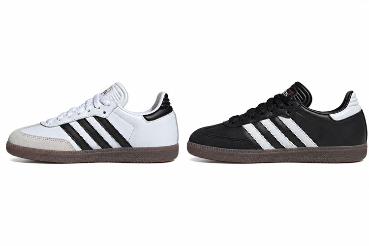 Adidas Samba kids indoor soccer shoes available in black and white color options.