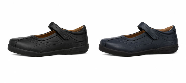 Black and navy leather Mary Jane school shoes for kids with supportive outsoles, adjustable hook-and-loop straps, and durable construction.