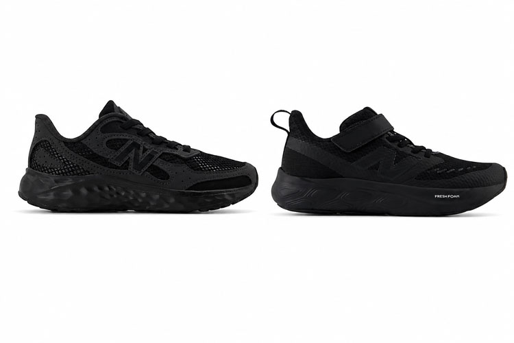 Two black New Balance back-to-school shoes for kids, including lace-up and hook-and-loop styles for everyday school wear.