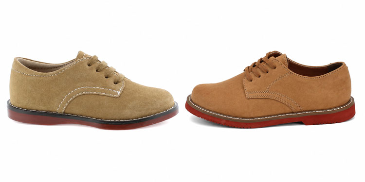 Two brown suede lace-up dress shoes for kids displayed side by side on a white background.