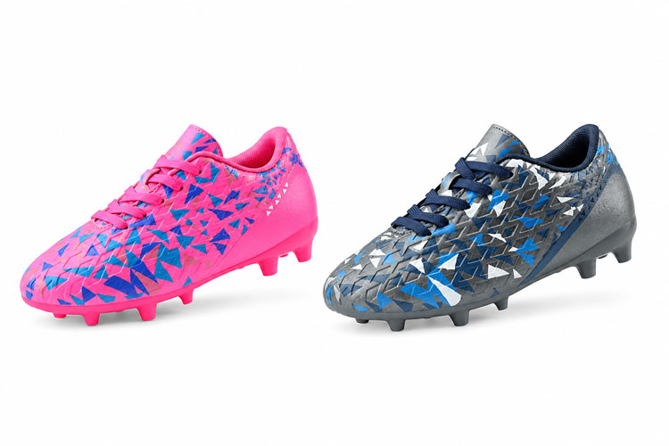 DREAM PAIRS kids soccer cleats in pink and gray shown side by side on a white background as an affordable option for youth soccer players.