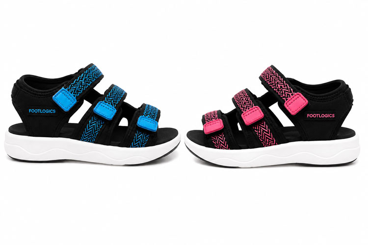 Footlogics Arch-Up Kids Orthotic Sandals in blue and pink shown side by side on a white background with triple adjustable Velcro straps and supportive orthotic footbeds.