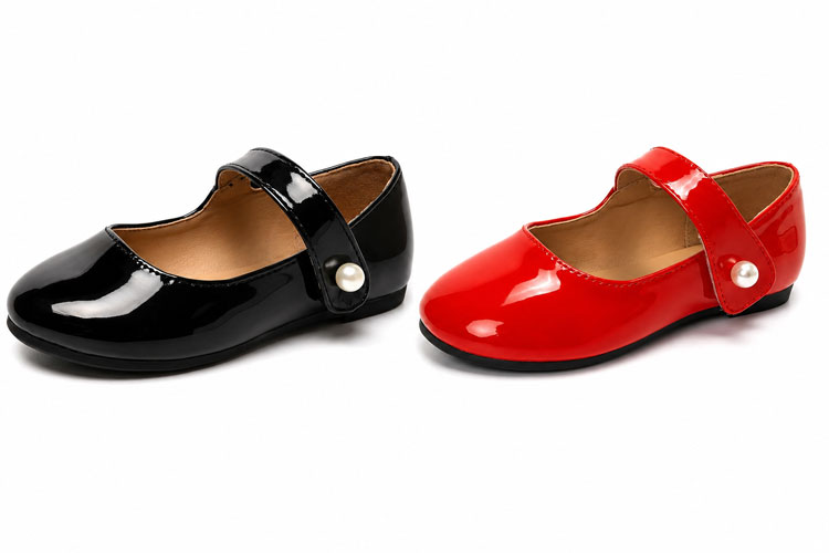 Black and red patent leather Mary Jane dress shoes for girls with adjustable straps.