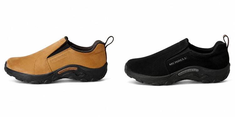 Merrell Jungle Moc slip-on school shoes in black and tan colors displayed side by side on a white background.