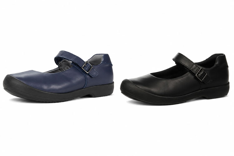 Navy and black kids Mary Jane school shoes.