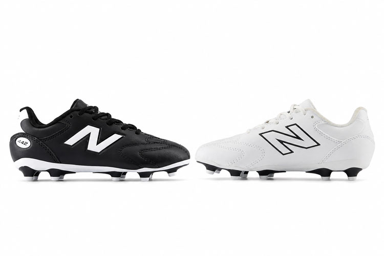 New Balance 442 wide youth soccer cleats in black and white shown side by side on a white background for kids with wide feet.