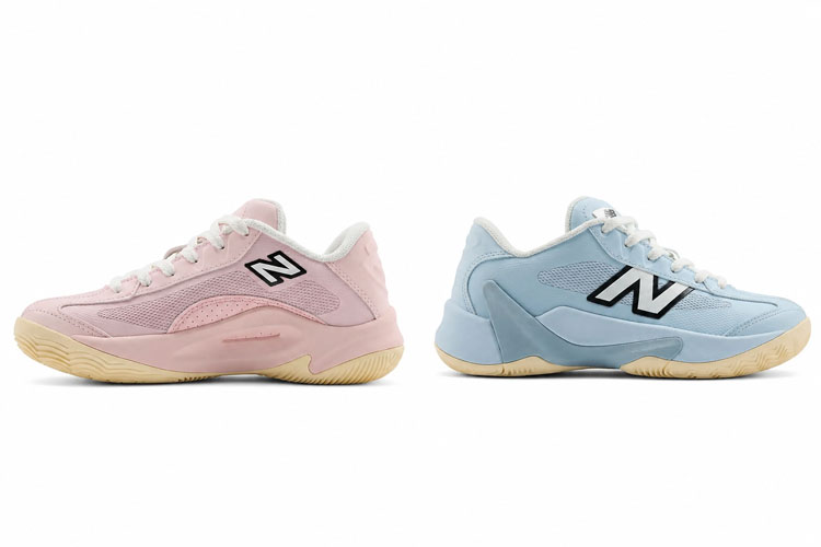 New Balance basketball shoes for kids in pink and blue, available in wide widths for children with wide feet, shown in two color options.