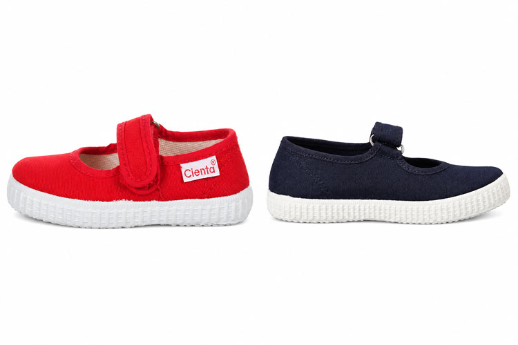 Red and navy kids canvas Mary Jane shoes.
