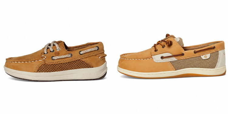 Two tan kids' boat shoes with lace-up design displayed side by side on a white background.