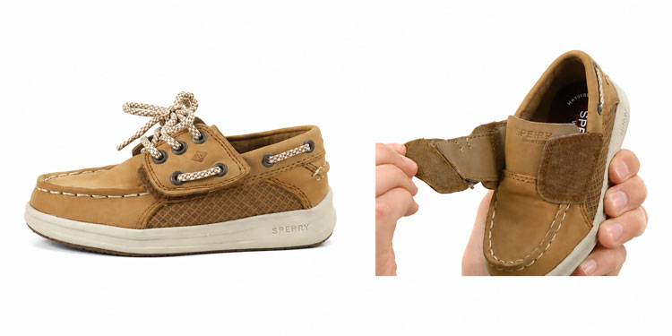 Toddler Sperry boat shoe with a hidden Velcro closure and decorative laces shown from the side and with the strap opened.