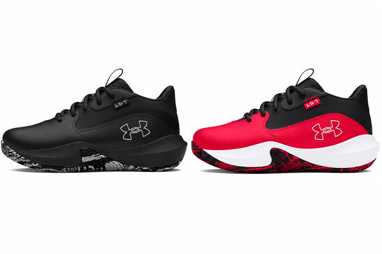 Under Armour basketball shoes for kids in black and red, designed to comfortably fit children with narrow or medium feet, shown in two color options.