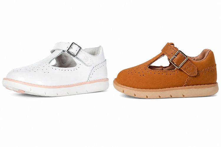 White and brown kids T-strap Mary Jane shoes.