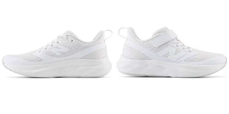 White kids' school shoes with lace-up and hook-and-loop closure displayed side by side on a white background.