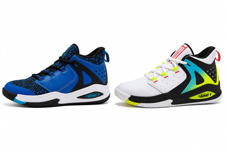 Basketball shoes for kids in blue and white color options designed to accommodate children with wide feet.