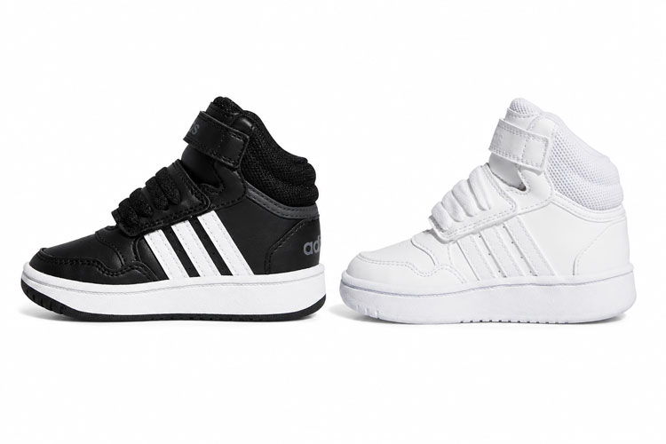 Black and white Adidas Hoops Mid 3.0 AC toddler sneakers with hook-and-loop strap and elastic laces shown side by side on a white background.