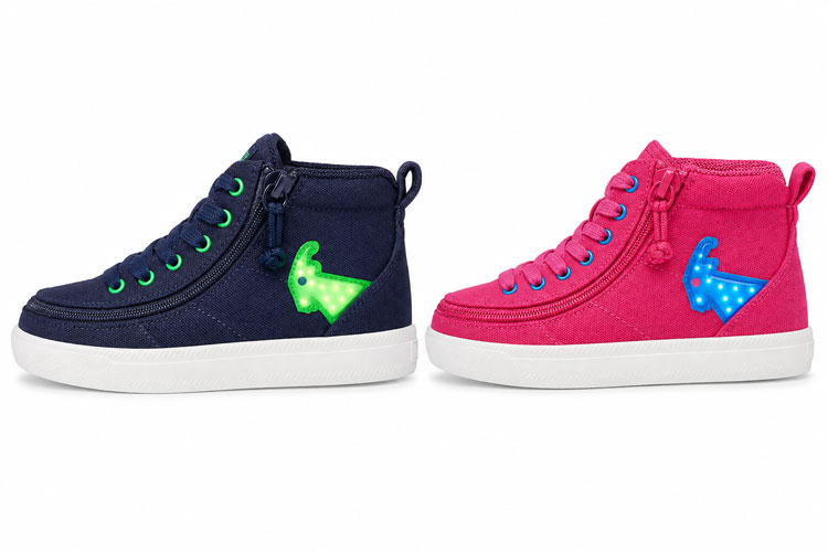 BILLY Classic D|R High light-up shoes for kids in navy and pink, available in extra wide widths.