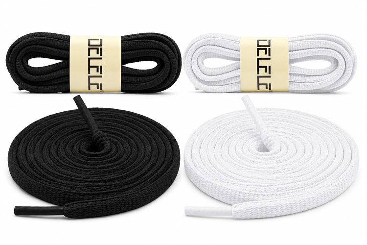Black and white flat replacement shoelaces for kids displayed on a white background. Durable athletic shoe laces designed to stay tied longer and provide a secure fit for children's sneakers, cleats, and sport shoes.