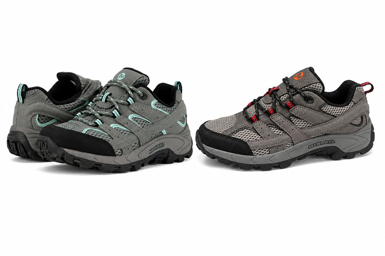 Durable Merrell hiking shoes for kids with reinforced toe caps and rugged outsoles.