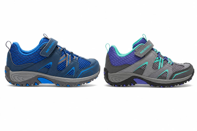 Durable Merrell sneakers for kids with Velcro straps and rugged outsoles.