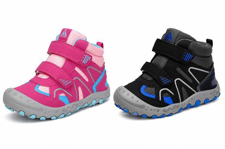 Durable water-resistant boots for kids with double Velcro straps and rugged outsoles.