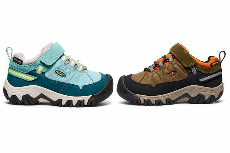 Durable waterproof KEEN shoes for kids with Velcro straps and rugged outsoles.